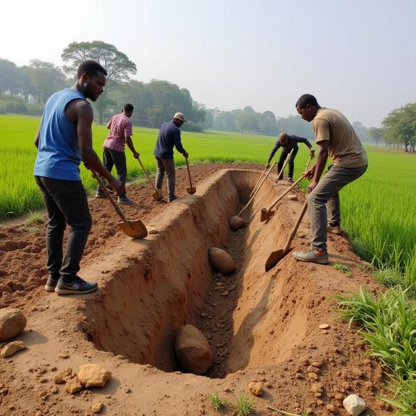 Farmers collaboratively building medbandi (contour bunds) for soil and water conservation.