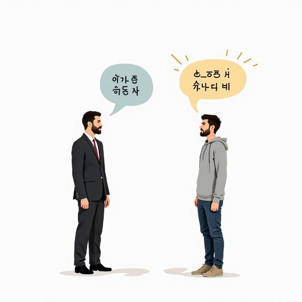 Two people talking, one formally and the other informally, with Hindi speech bubbles.