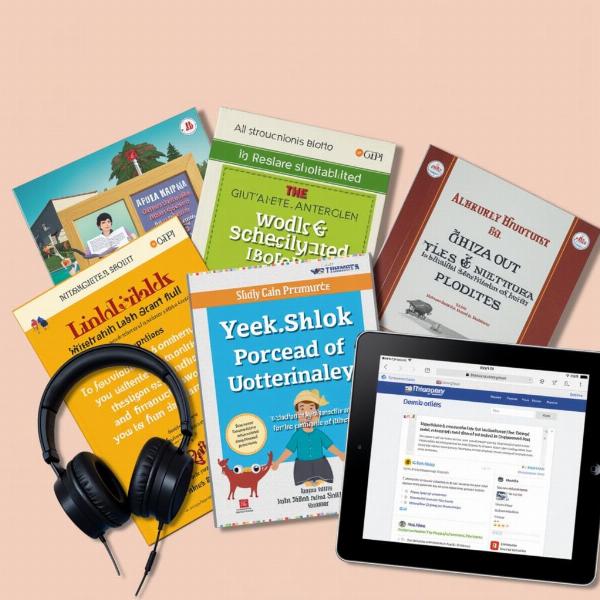 Various resources for studying Geeta Shlok, including books, online platforms, and audio recordings.