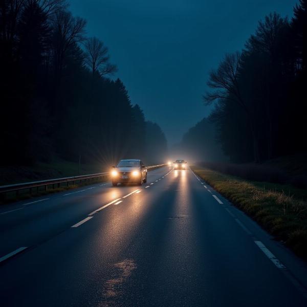 Blinding headlights of oncoming traffic at night.