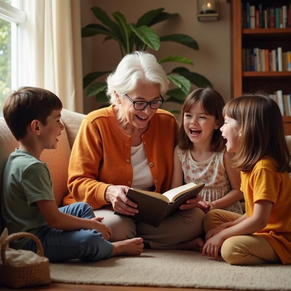 Grandmother sharing stories with children