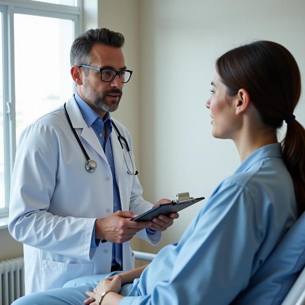 A doctor talking to a patient in a hospital setting