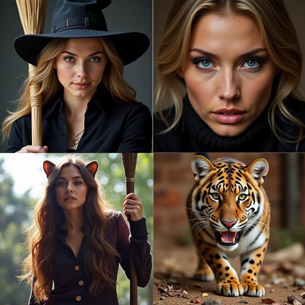 A collage representing the different meanings of "hellcat," including a witch, a fierce woman, and a wild cat.