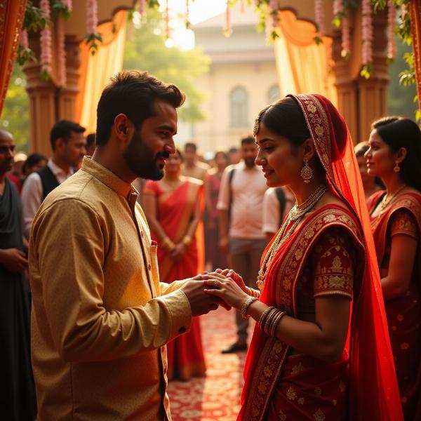 A couple getting engaged in a traditional Indian setting