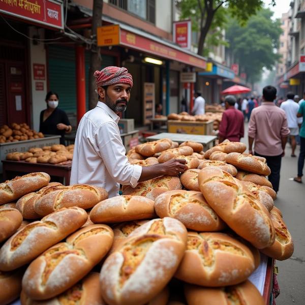 A street vendor selling various baked goods in a bustling Indian market.