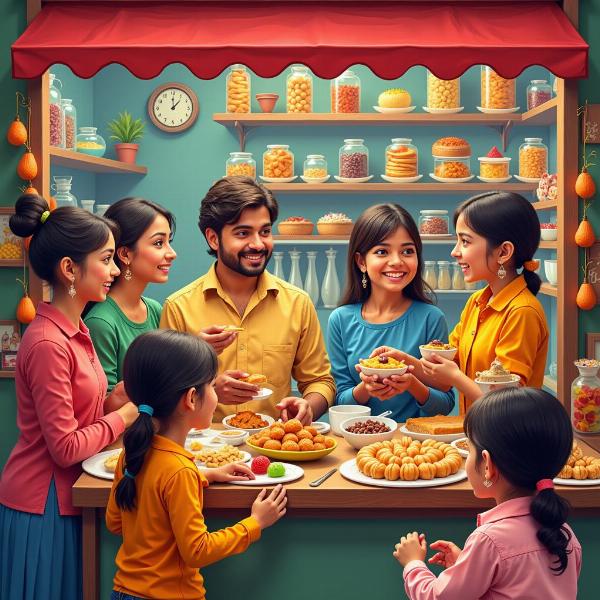 Bustling Indian sweet shop with customers