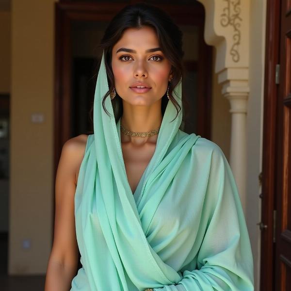 Indian woman wearing a celeste sari