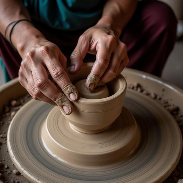 Kumhaar shaping clay on a potter's wheel