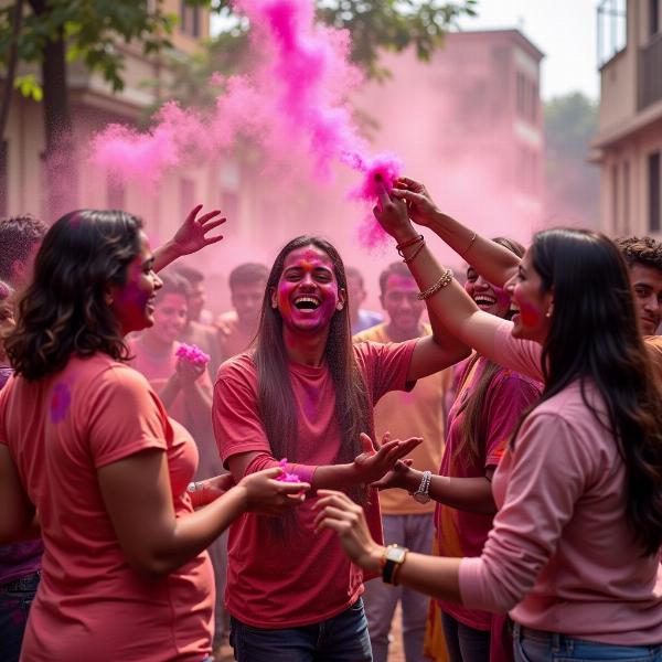 People celebrating Holi with vibrant colors