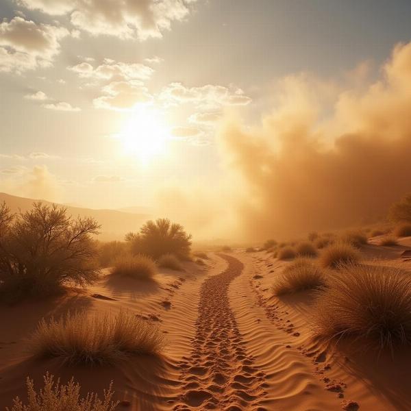 A dry, desolate landscape with strong winds blowing dust and debris.