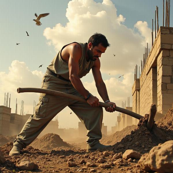 Man Doing Hard Labor on a Construction Site