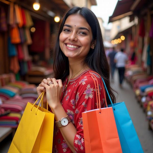 Indian woman happily shopping