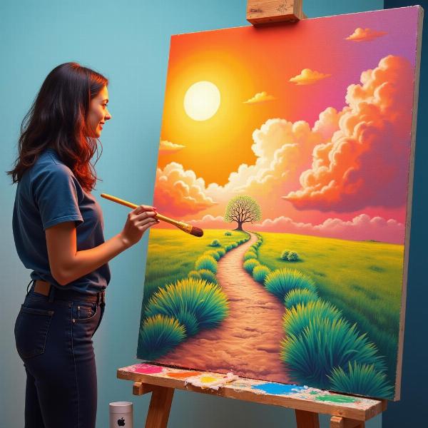 Conceptual image of a person holding a paintbrush, painting their own life path on a canvas, symbolizing self-reliance and the power to change one's destiny.