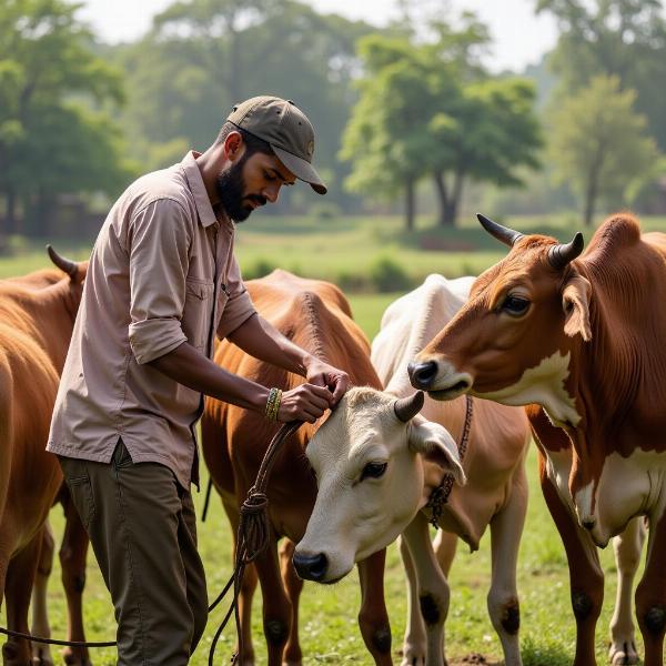 A farmer tending to his cows