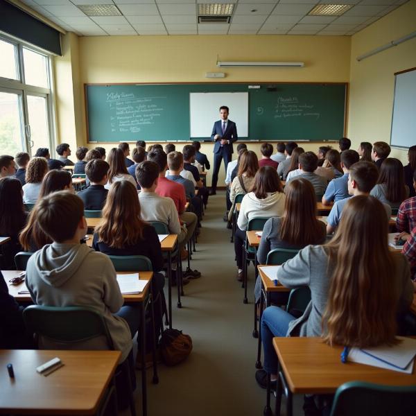 Students quieting down in a classroom