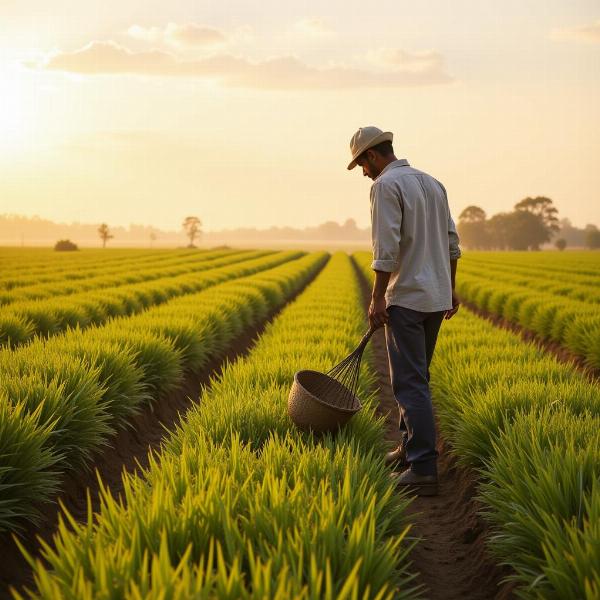 Farmer patiently working in his field, demonstrating sabar