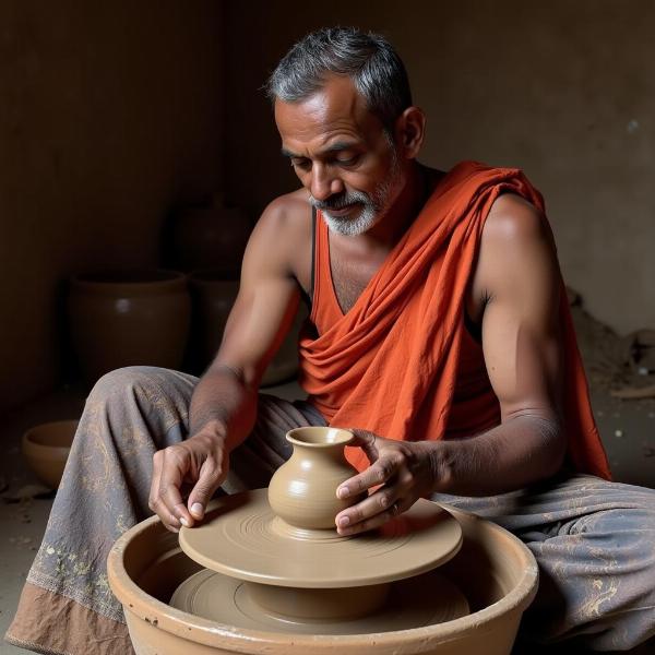 Indian Potter Creating Traditional Pottery