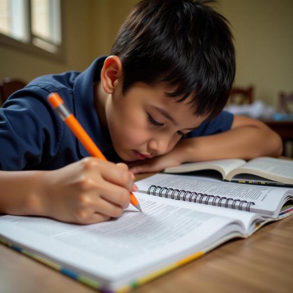 A student diligently studying Hindi