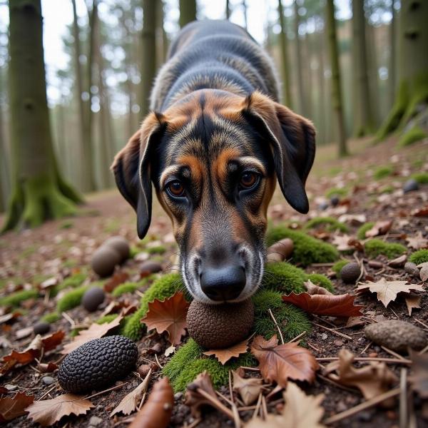 Truffle hunting with a dog: A dog sniffing the ground in search of truffles.