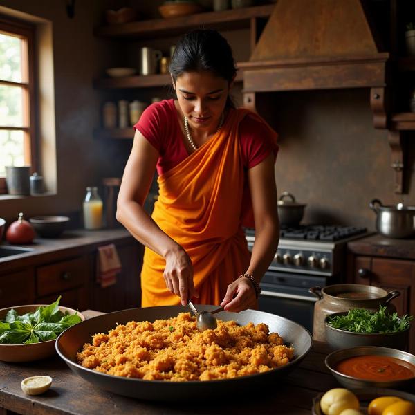 Indian woman preparing bhaji in her kitchen