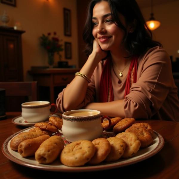 A woman enjoying a cup of chai with a plate of farsan, representing the common practice of enjoying these snacks with tea.