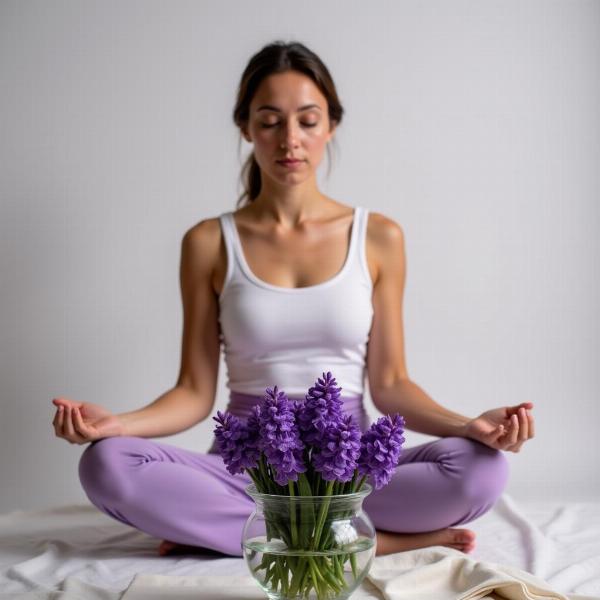 A woman meditating with a vase of violet flowers