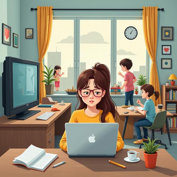 Woman working from home facing distractions