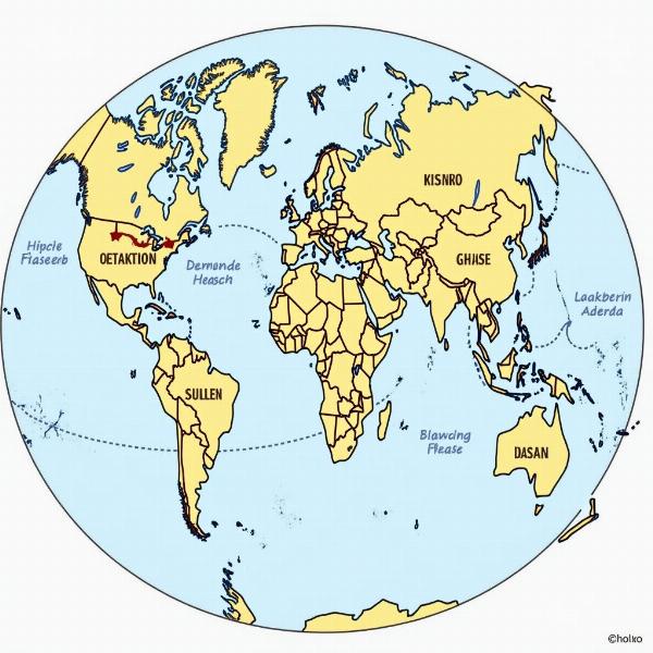 World map with a travel route