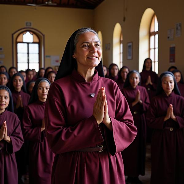 Abbess leading nuns in an Indian nunnery