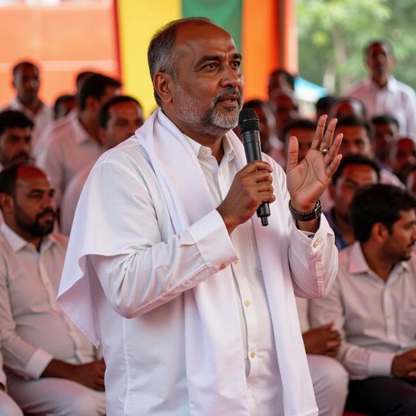 A politician wearing an angavastram during a public event