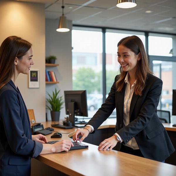 A bank apprentice assisting a customer at the counter