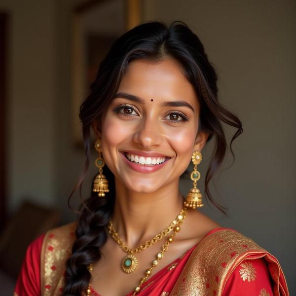 A beautiful Indian woman smiling warmly, radiating kindness and inner peace.