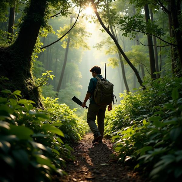 Person hiking in dense forest