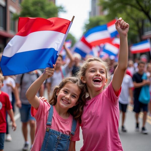 Two children waving flags at a parade