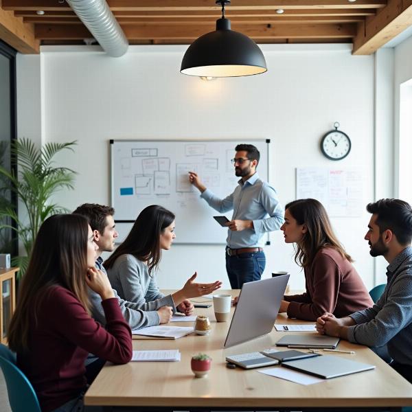 People in a business meeting discussing a project restart.