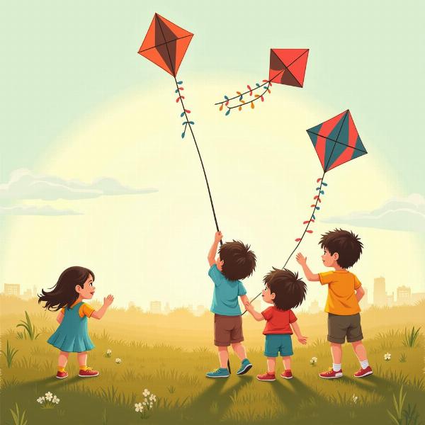 Children Flying Kites with Charkhi