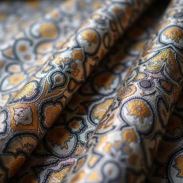 Close-up view of damask fabric showing intricate woven patterns