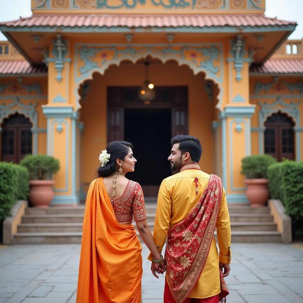 Couple holding hands in a traditional Indian setting