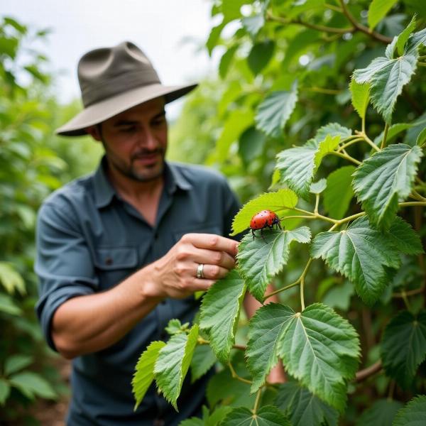 Farmer inspecting crops for jassids