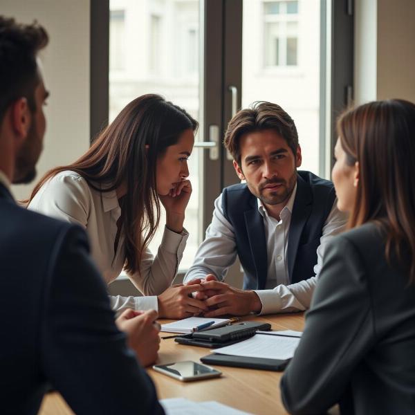 Colleagues whispering in a meeting