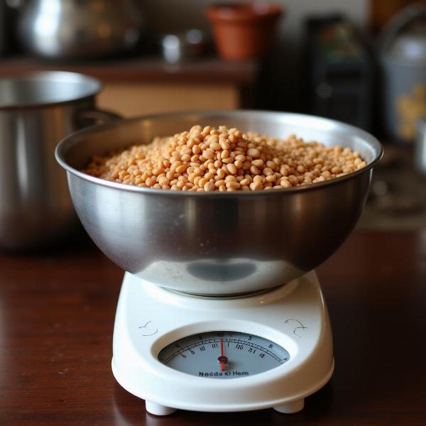 A scale weighing lentils in an Indian kitchen