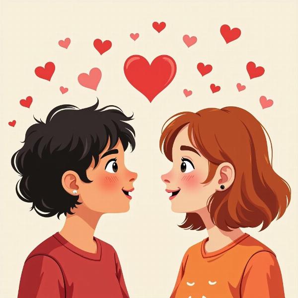 Two people looking at each other shyly, smiling, with small hearts around them.