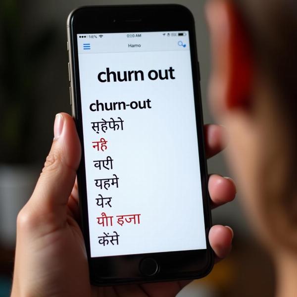 Hindi Translation for Churn Out - A person looking up the Hindi translation of "churn out" on a dictionary app on their phone.