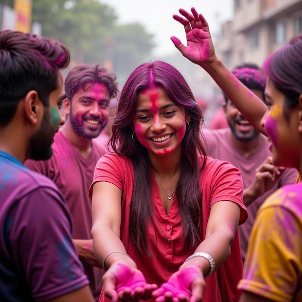 People celebrating Holi festival with vibrant colors