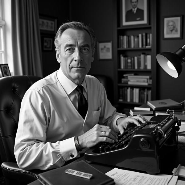 Ian Fleming, the creator of James Bond, sitting at his typewriter.