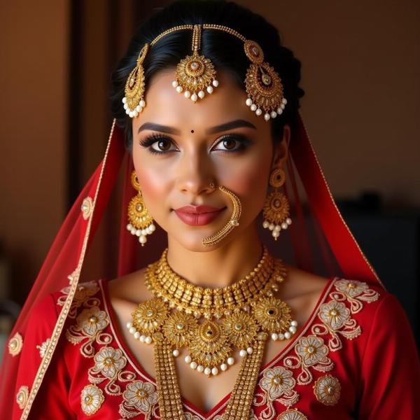 Indian bride adorned with a traditional gold necklace