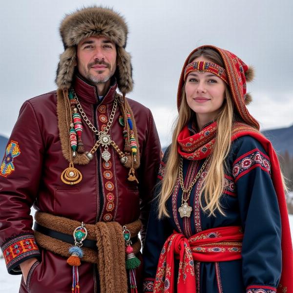 Indigenous Siberian People in Traditional Clothing