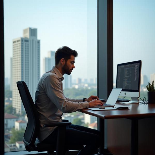 John working from his Mumbai office