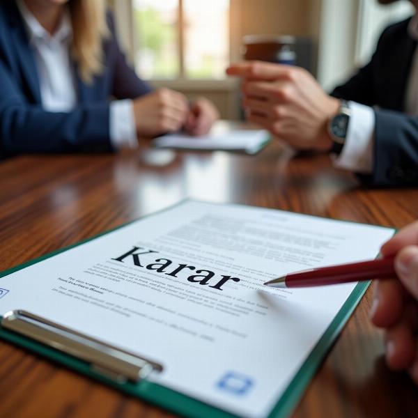 Image depicting a business meeting with a contract on the table, representing karar in a professional setting.