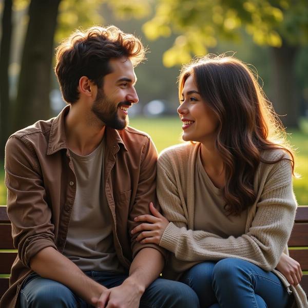 Two people sitting together, deeply engaged in conversation, a serene and understanding atmosphere surrounds them.